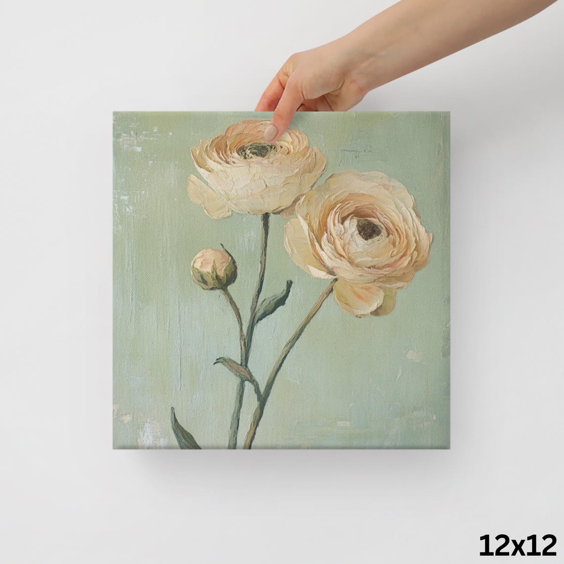 Ivory Ranunculus Two Blooms Sage Green Vintage Floral Art Poster - Image 2