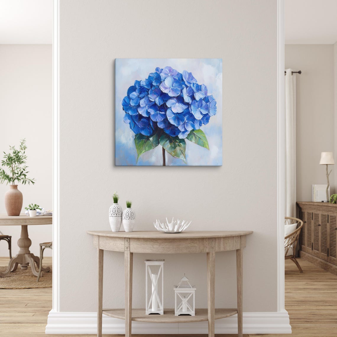 Blue Hydrangea Flower Head Green Leaves Painterly Floral Wall Art - Image 4