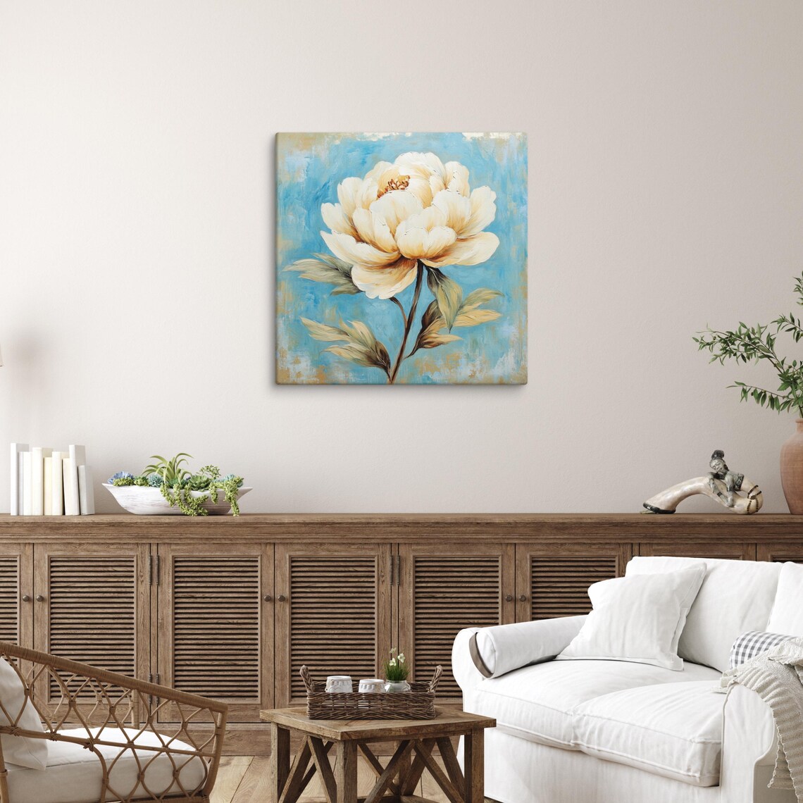 White Peony Turquoise Blue Background Bold Bloom Floral Art Poster - Image 2
