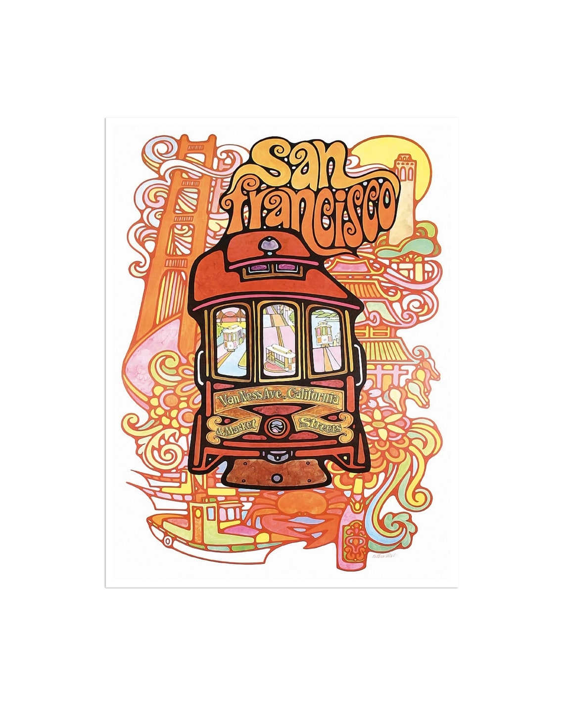 San Francisco Psychedelic Vintage Poster with Cable Car Collage