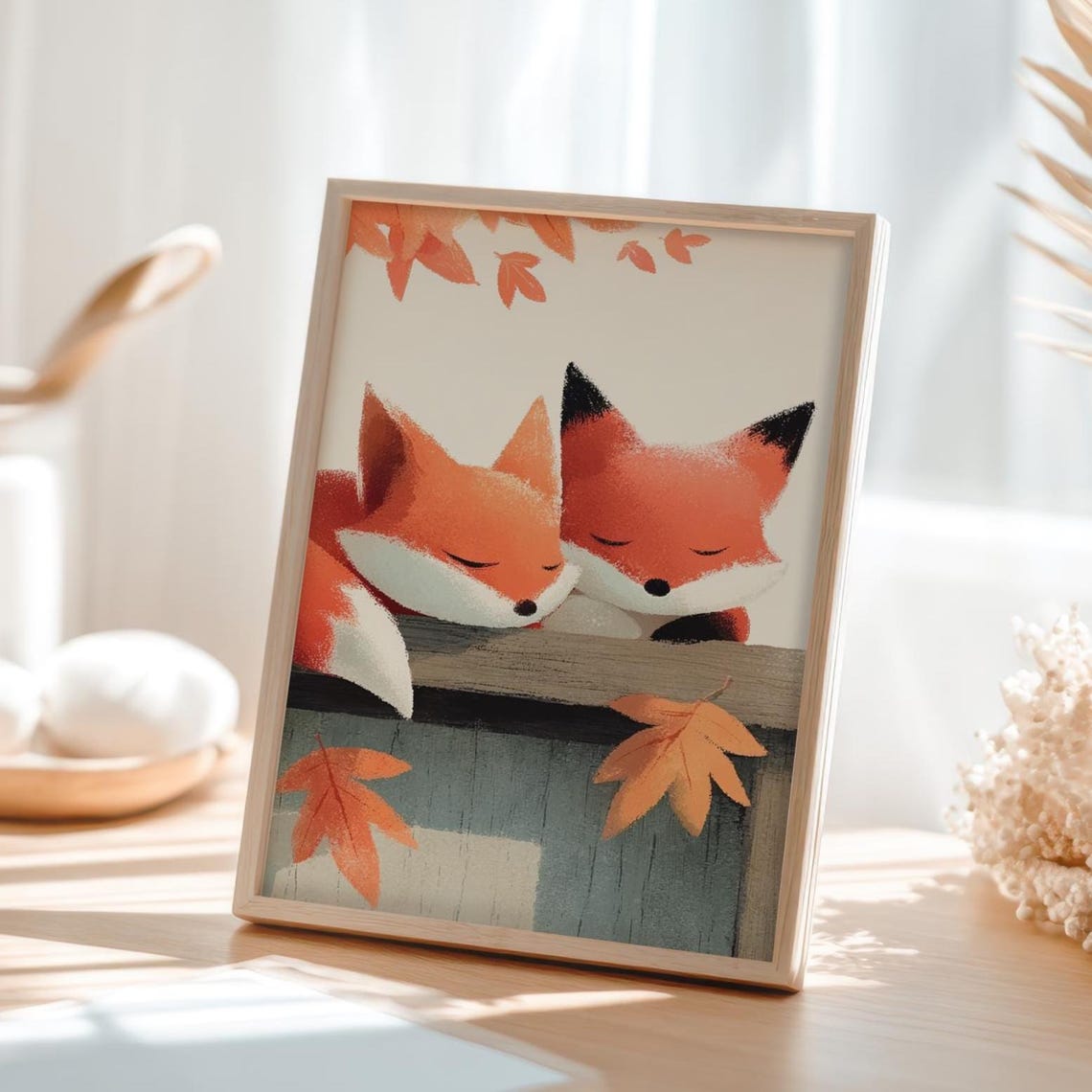 Two Cute Sleeping Foxes On Fence With Autumn Maple Leaves Poster