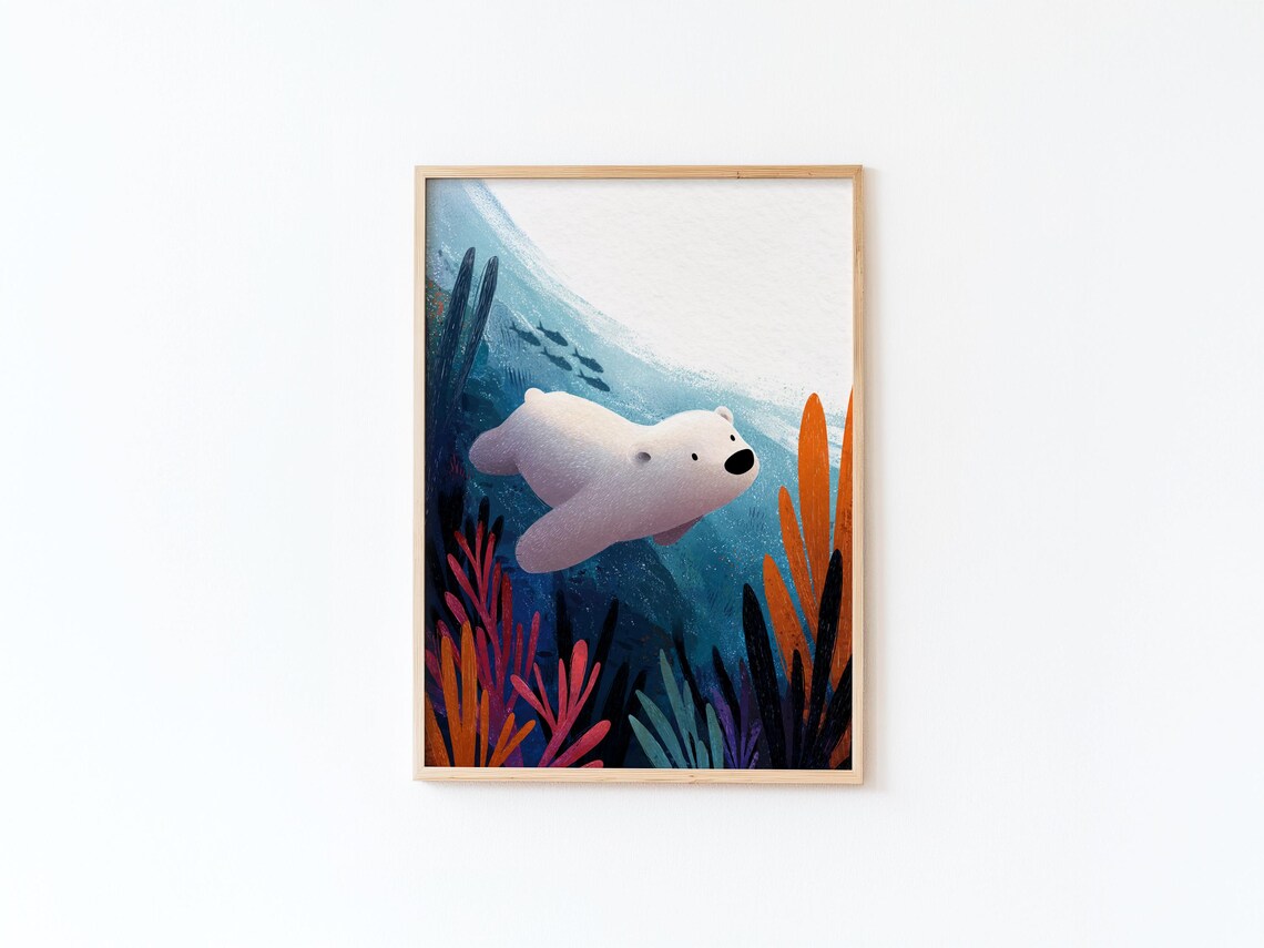 Polar Bear Swimming Underwater Among Colorful Coral Art Poster