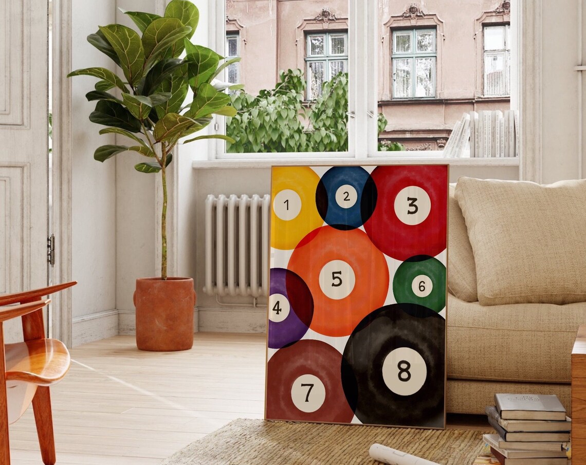 Vintage Pool Balls One To Eight Billiards Game Room Retro Poster