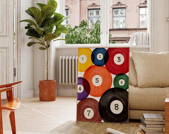 Vintage Pool Balls One To Eight Billiards Game Room Retro Poster