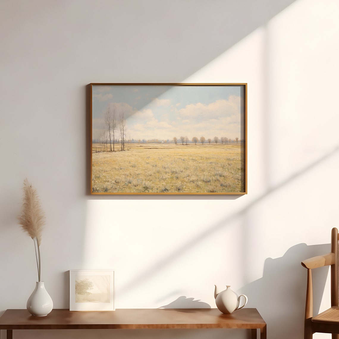 Golden Field with Bare Trees Early Spring Country Landscape Print - Image 2