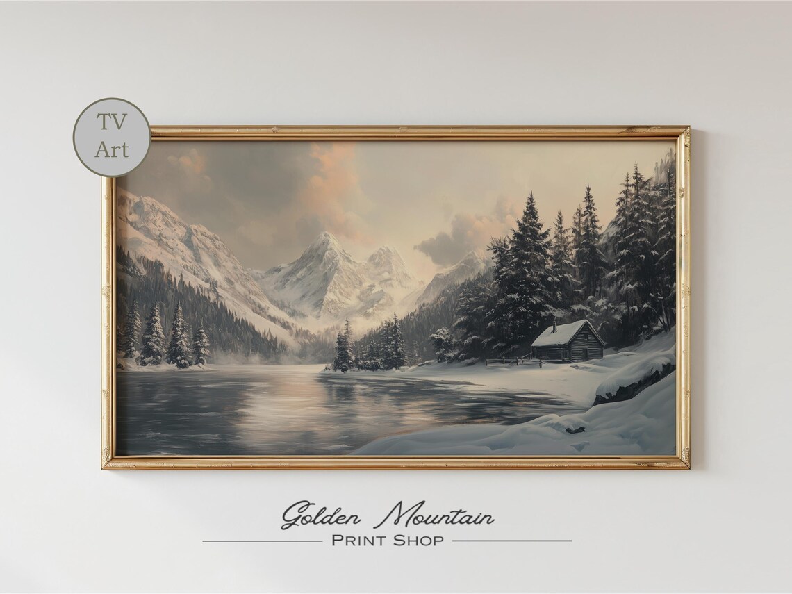 Snowy Mountain Lake Cabin At Dusk Winter Landscape Oil Painting Poster - Image 2