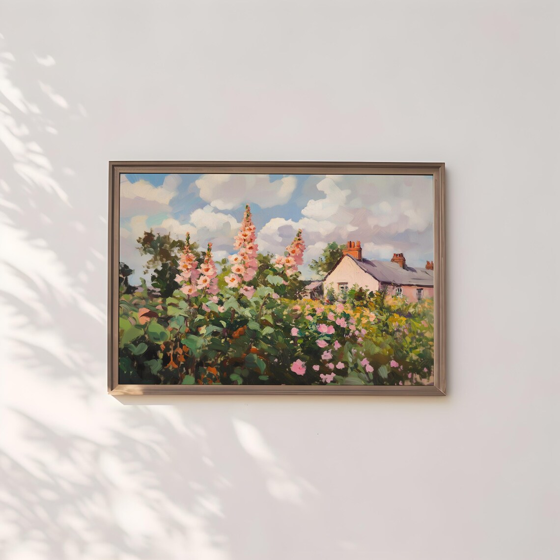 Pink Hollyhock Flower Garden Cottage Sunny Vintage Oil Poster - Image 2