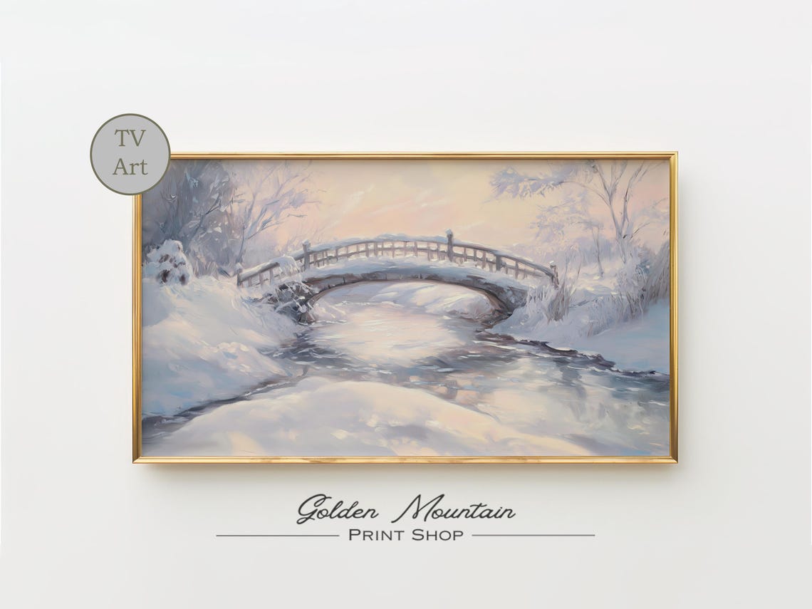 Snowy Wooden Footbridge Winter Stream Pastel Landscape TV Wall Art