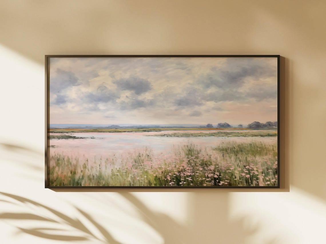 Pink Marsh Wetland Sunset Wildflowers Pastel Landscape TV Wall Art - Image 2