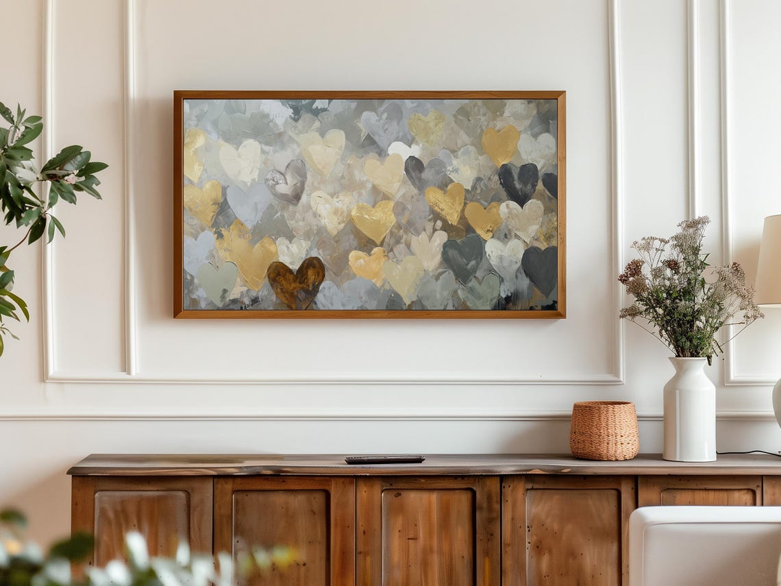 Gold Silver Gray Painted Hearts Neutral Abstract Elegant Poster - Image 3