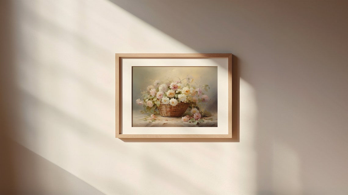White Blush Flowers in Wicker Basket Soft Farmhouse Still Life Print - Image 3