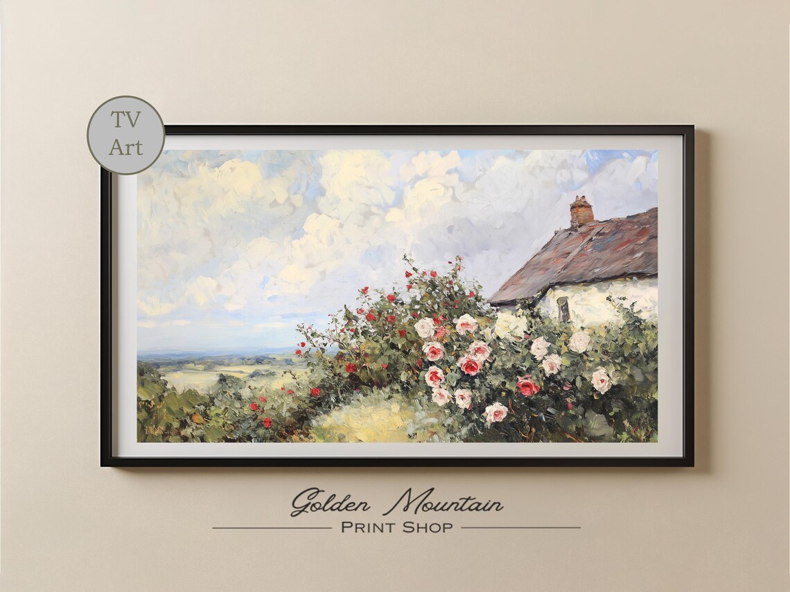 Country Cottage Red White Rose Bush Vintage Frame TV Art Print - Image 2