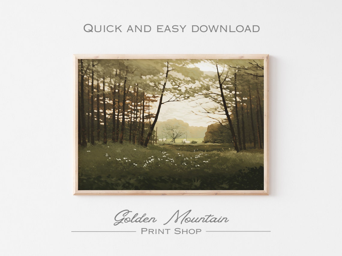 Moody Dark Pine Forest Glade With Wildflowers In Soft Light Poster - Image 3
