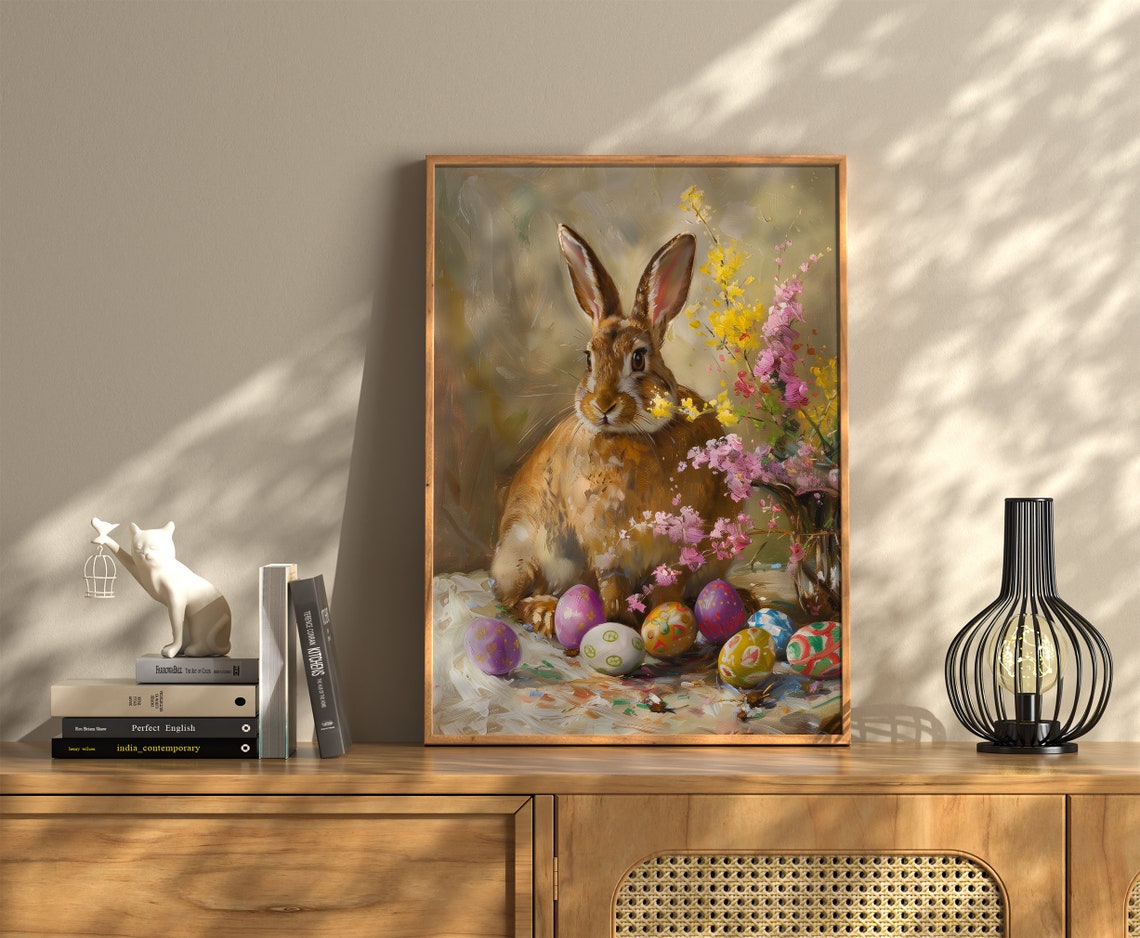 Brown Easter Bunny with Painted Eggs and Spring Blossoms Oil Print - Image 2