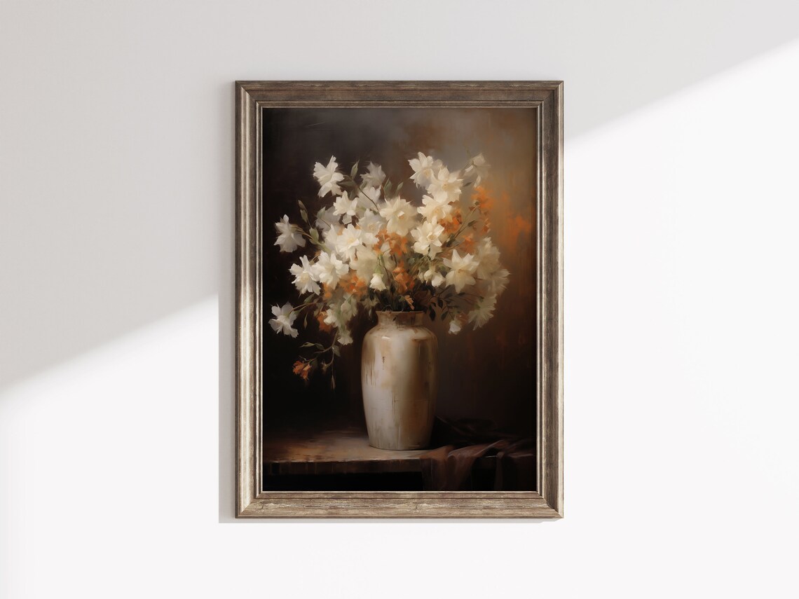 White and Orange Blossoms Ceramic Vase Dark Moody Still Life Print - Image 2
