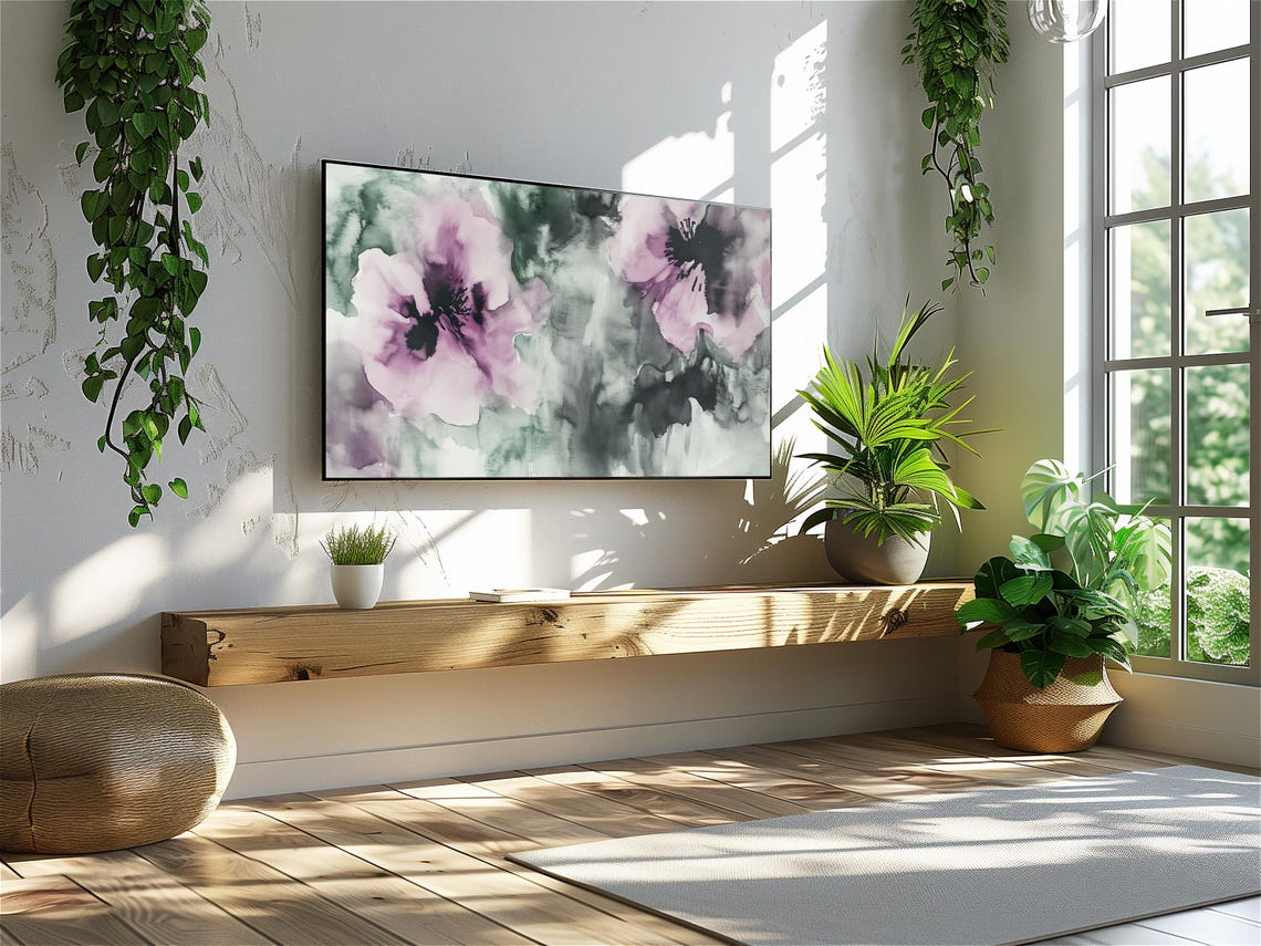 Abstract Purple Poppy Watercolor Blooms Moody Frame TV Art Print - Image 3