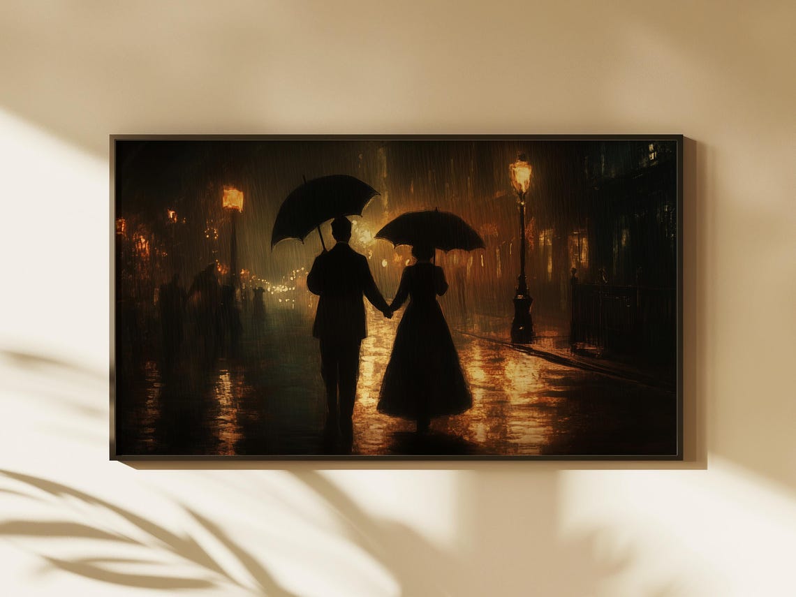 Romantic Couple with Umbrellas on Rainy Street Night Scene Poster - Image 2