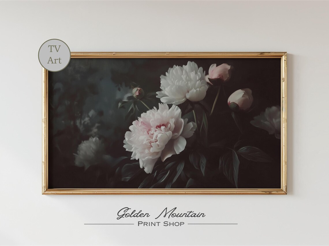 White Blush Peonies On Dark Background Moody Floral Still Life Oil Poster - Image 2