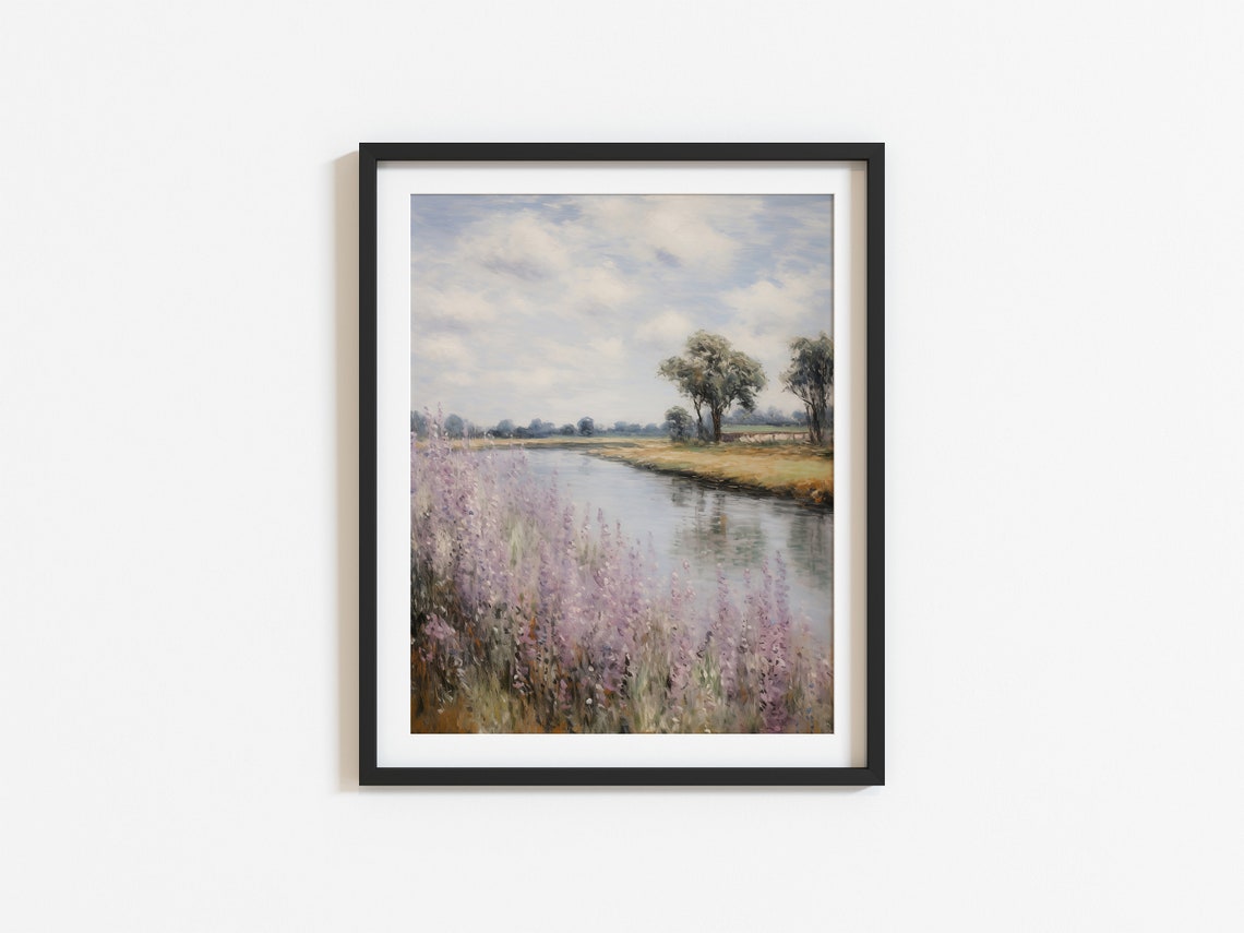 River Bank with Purple Wildflowers Peaceful Landscape Poster - Image 2