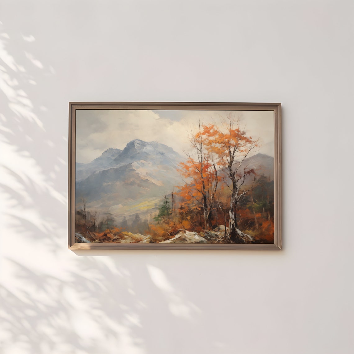 Misty Mountain Peak Orange Birch Tree Autumn Fall Vintage Poster - Image 3
