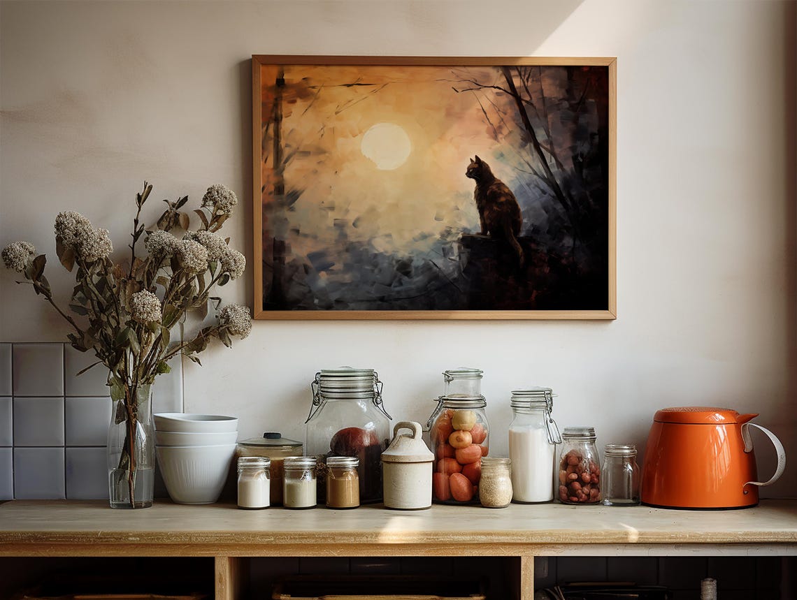 Black Cat Moonlit Forest Glowing Moon Witchy Halloween Art Poster - Image 3
