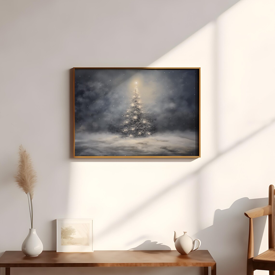 Lit Christmas Tree In Snowy Night Starry Dark Forest Holiday Poster - Image 2