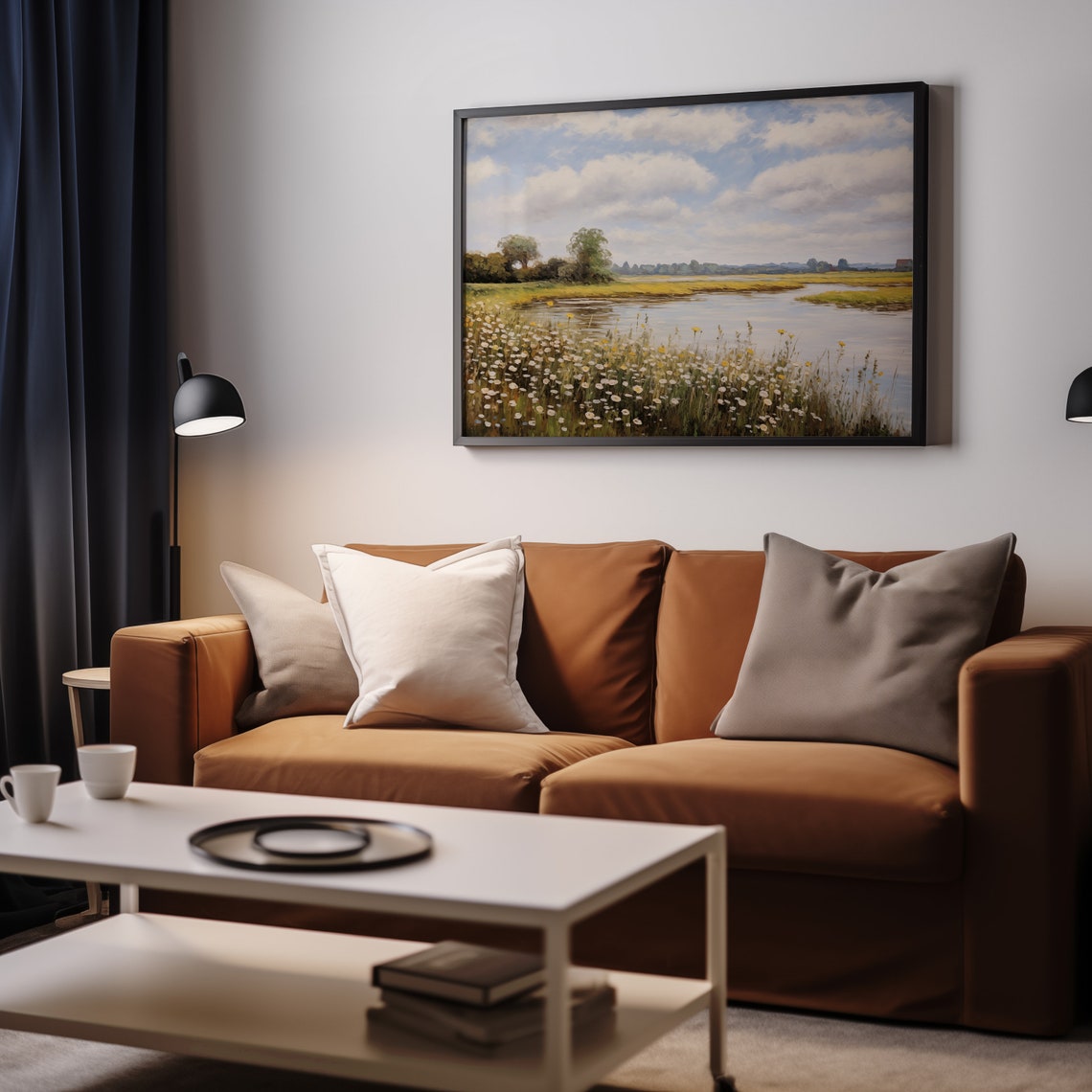 Yellow Wildflowers By River Marsh Under Big Cloudy Sky Poster - Image 3