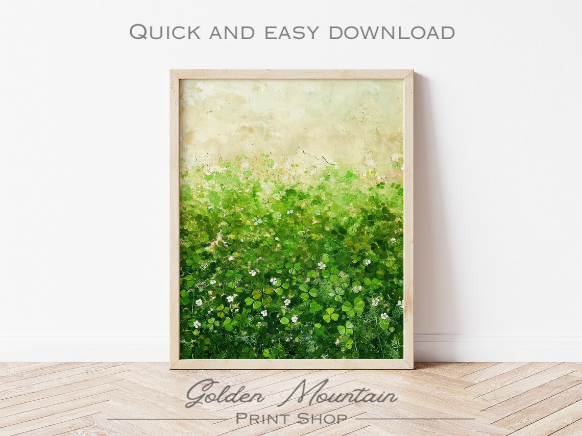 Green Shamrock Clover Field with White Flowers Saint Patrick's Art Poster - Image 3