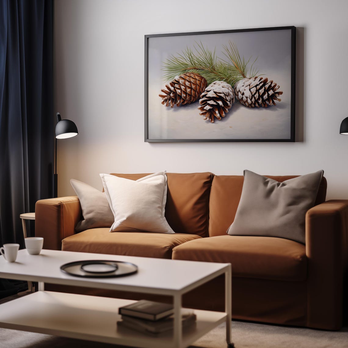 Three Snow Dusted Pinecones With Pine Branch Minimalist Poster - Image 3