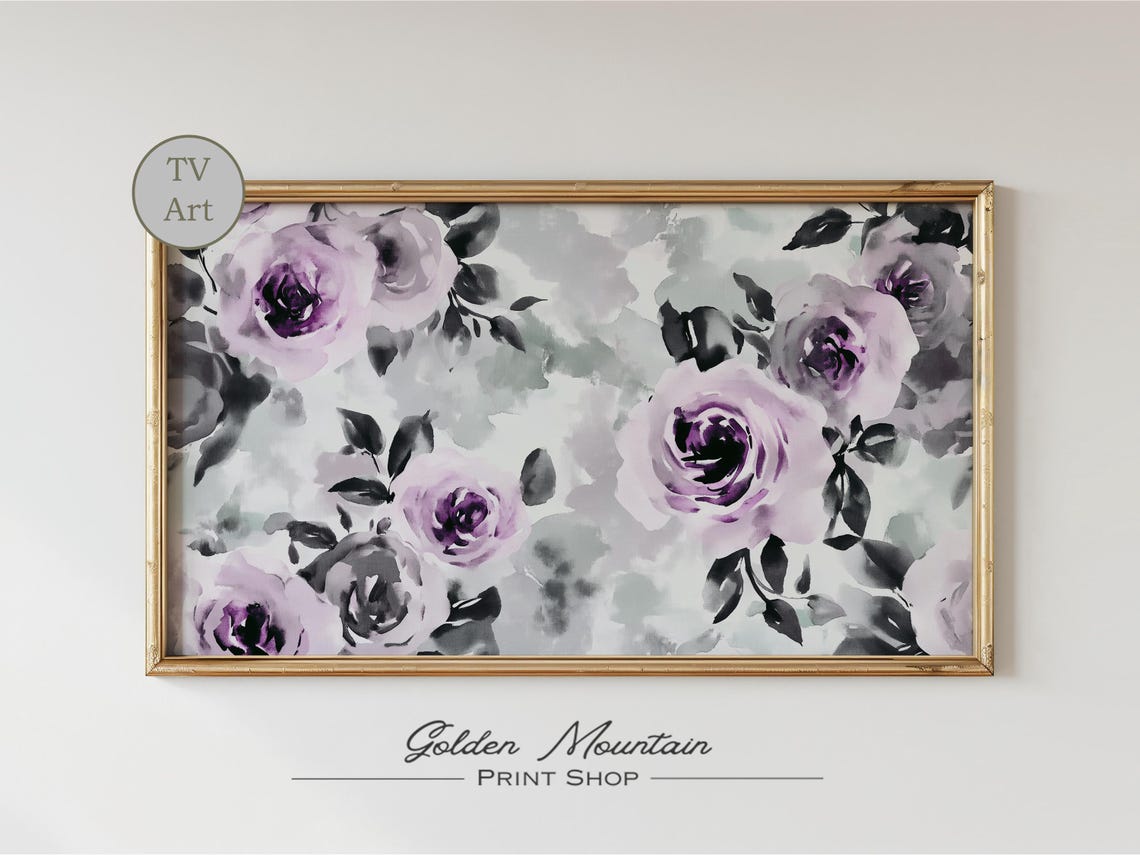 Purple Gray Rose Watercolor Floral Pattern Frame TV Art Print - Image 2