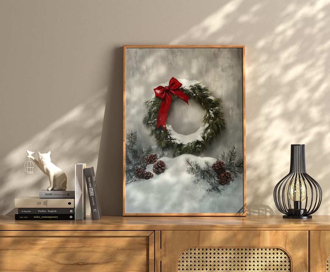 Snowy Pine Wreath Red Bow Christmas Winter Holiday Season Wall Art - Image 2