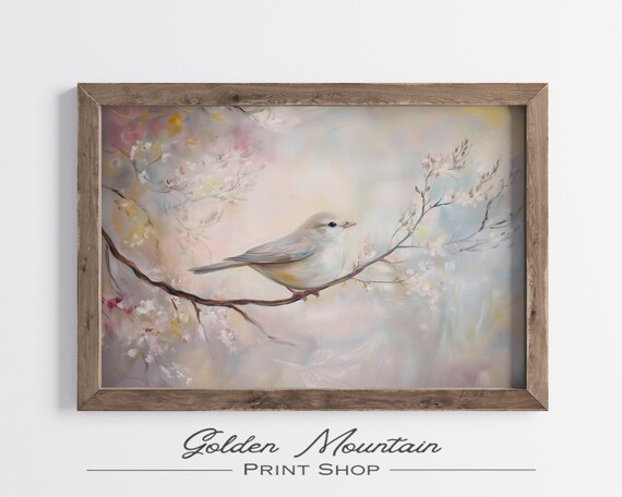 White Songbird On Blossom Branch Dreamy Pastel Spring Watercolor Poster Art