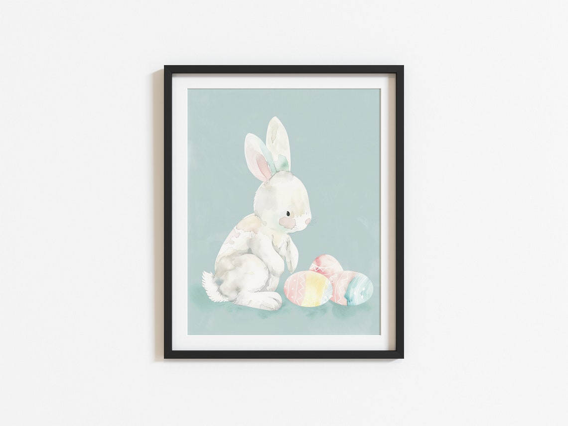 Cute Easter Rabbit Print Nursery Room Holiday Artwork Spring Bunny Art Colorful Easter Eggs Watercolor Kids Room Neutral Decor - Image 3