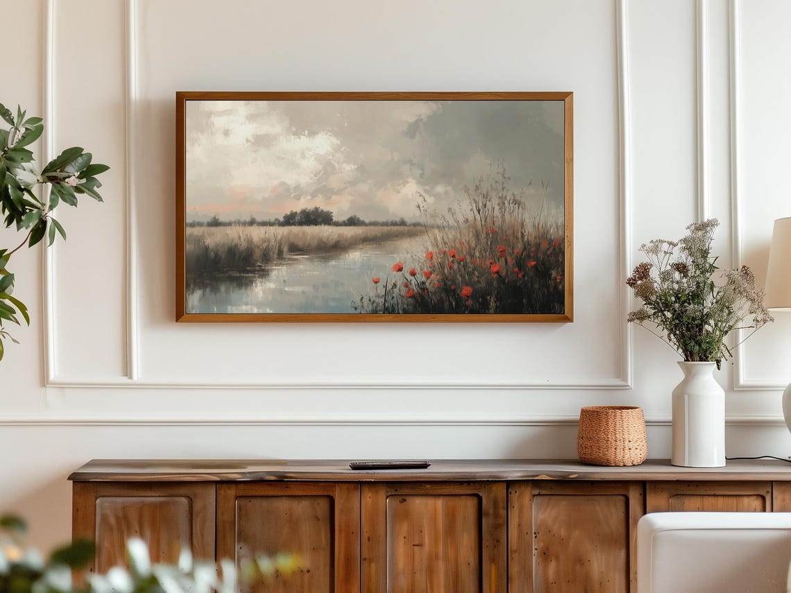 Red Wildflower Riverside Dusk Cloudy Sky Rustic Landscape Poster - Image 3