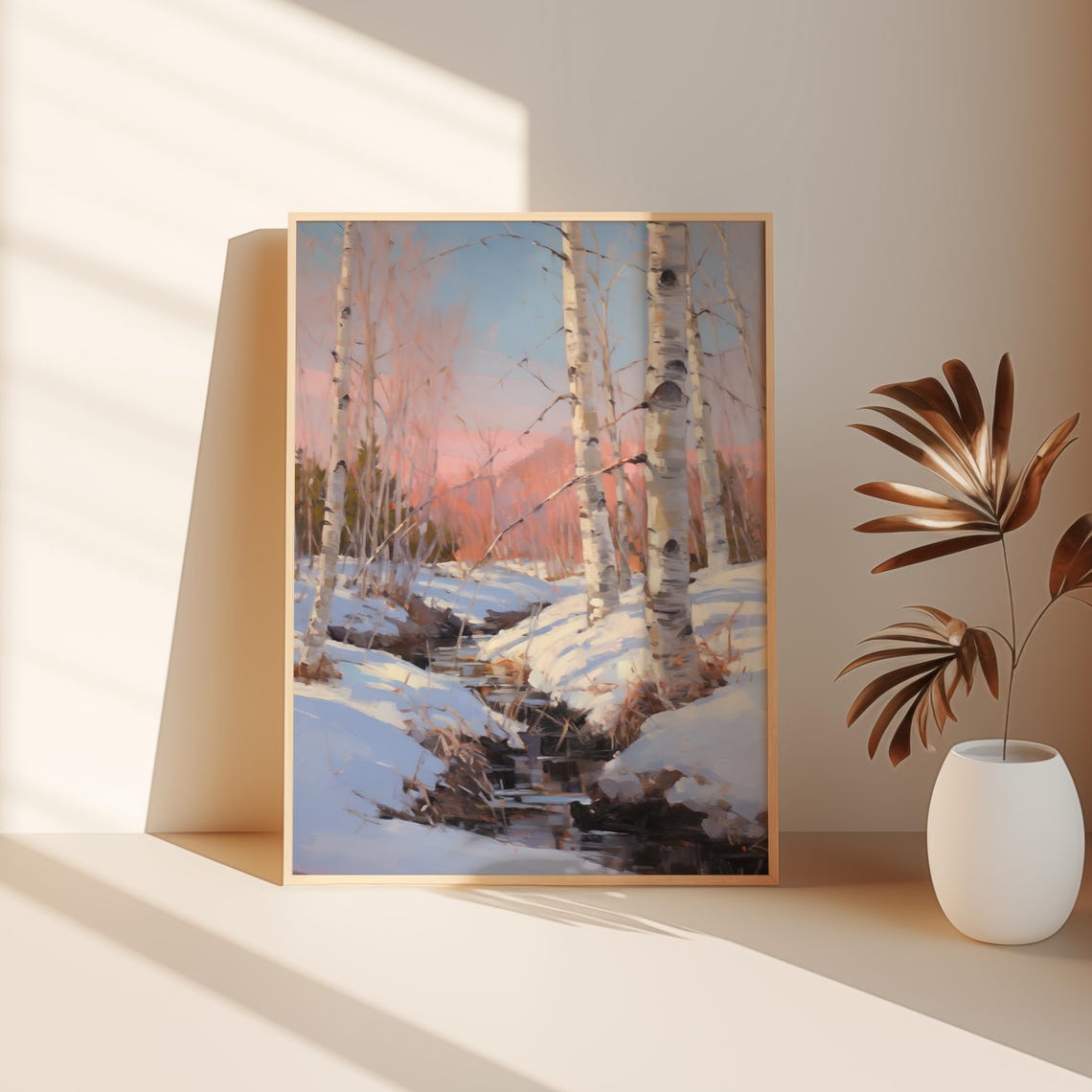 Winter Birch Forest Snowy Stream Pink Sunset Sky Nature Wall Art - Image 3