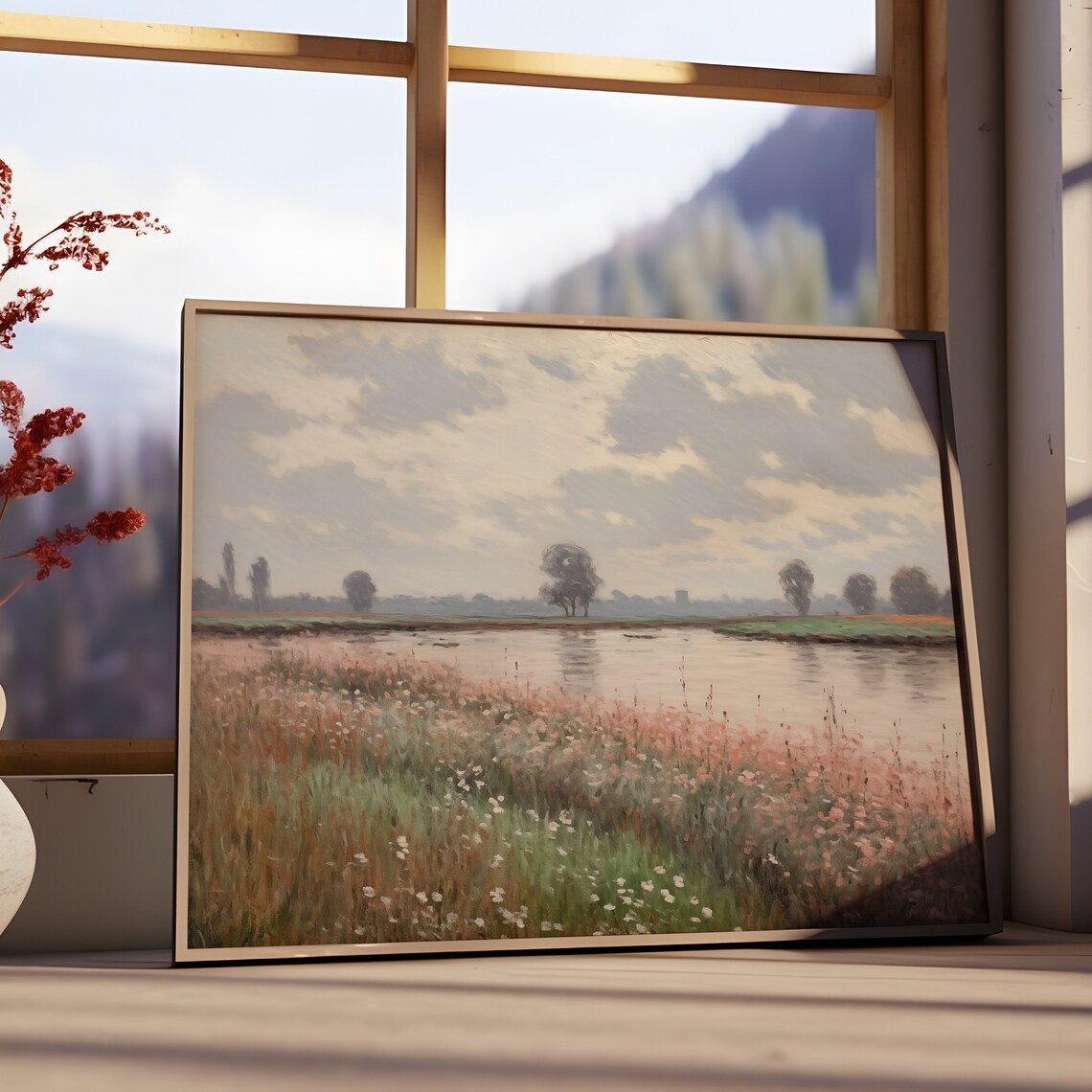 Wildflower Riverbank Cloudy Sky Country Landscape Oil Painting Print - Image 3