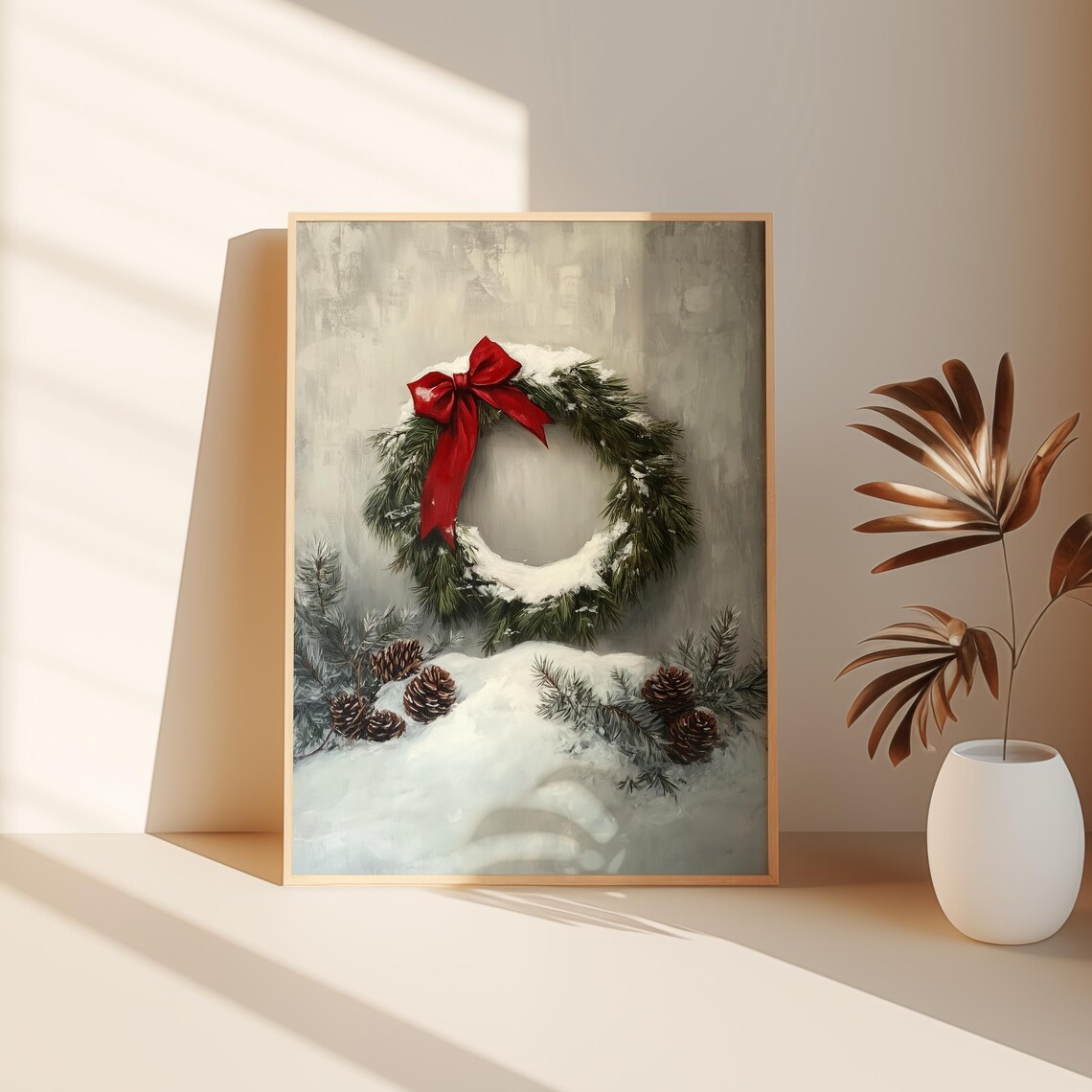 Snowy Pine Wreath Red Bow Christmas Winter Holiday Season Wall Art - Image 3
