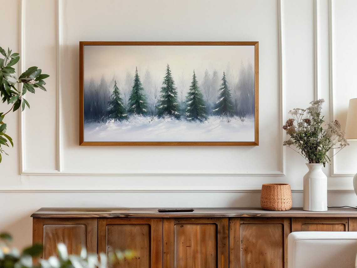 Row of Snowy Pine Trees Misty Winter Forest Landscape TV Wall Art - Image 3