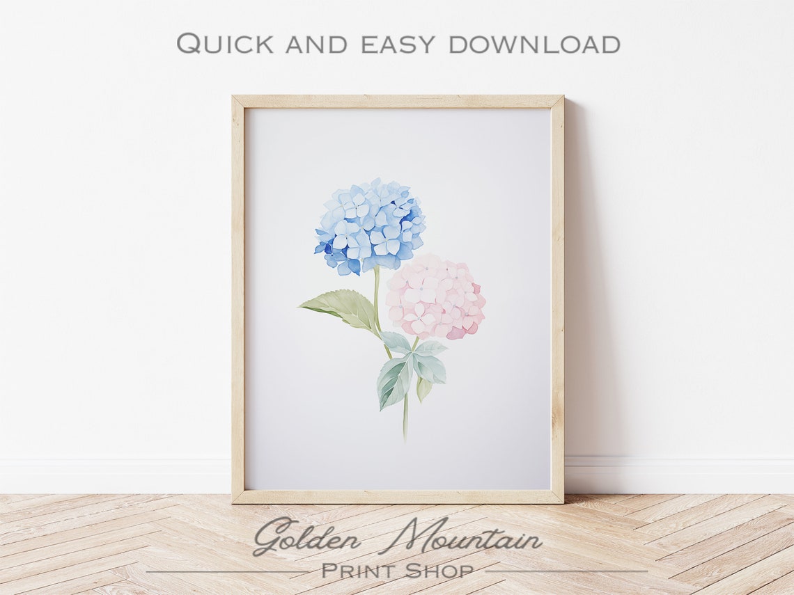 Soft Blue and Pink Hydrangea Watercolor Minimalist Floral Poster - Image 2
