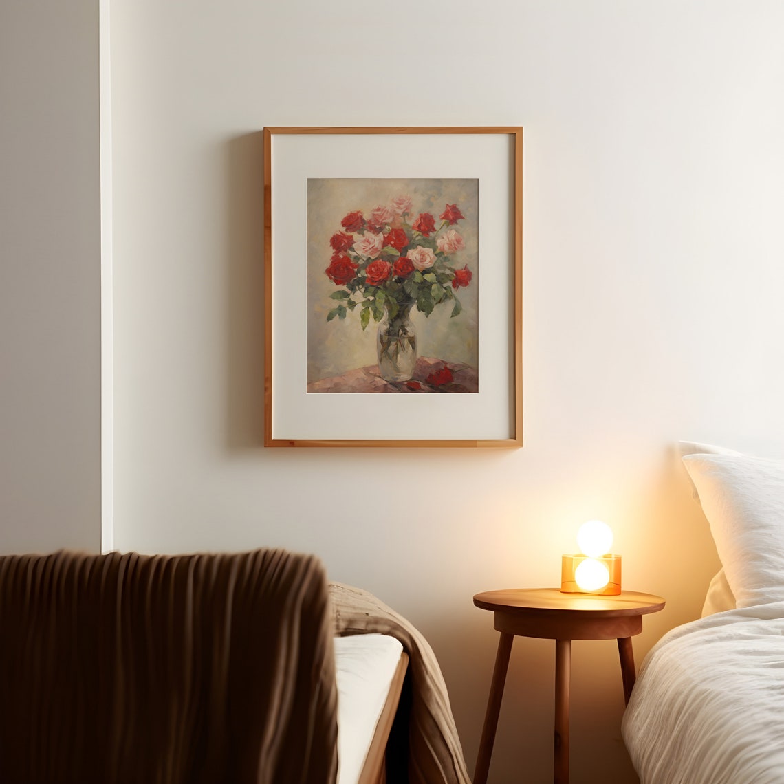 Red and Blush Roses in Glass Vase Romantic Still Life Wall Art - Image 2