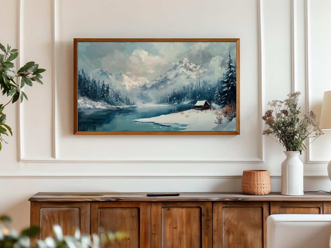 Misty Snowy Mountain Lake Cabin Winter Morning Landscape TV Wall Art - Image 3