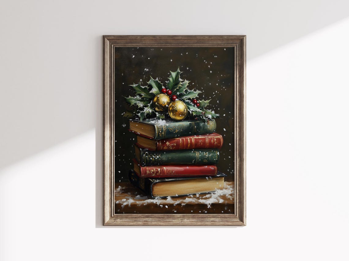 Dark Snowy Christmas Books Gold Baubles Holly Still Life Poster - Image 2