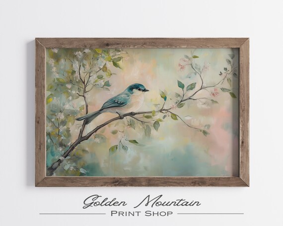 Blue Songbird Perched On Flowering Branch Teal Pastel Spring Poster