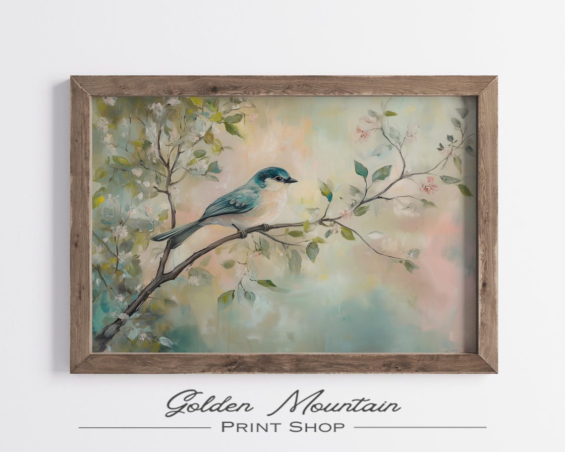 Blue Songbird Perched On Flowering Branch Teal Pastel Spring Poster
