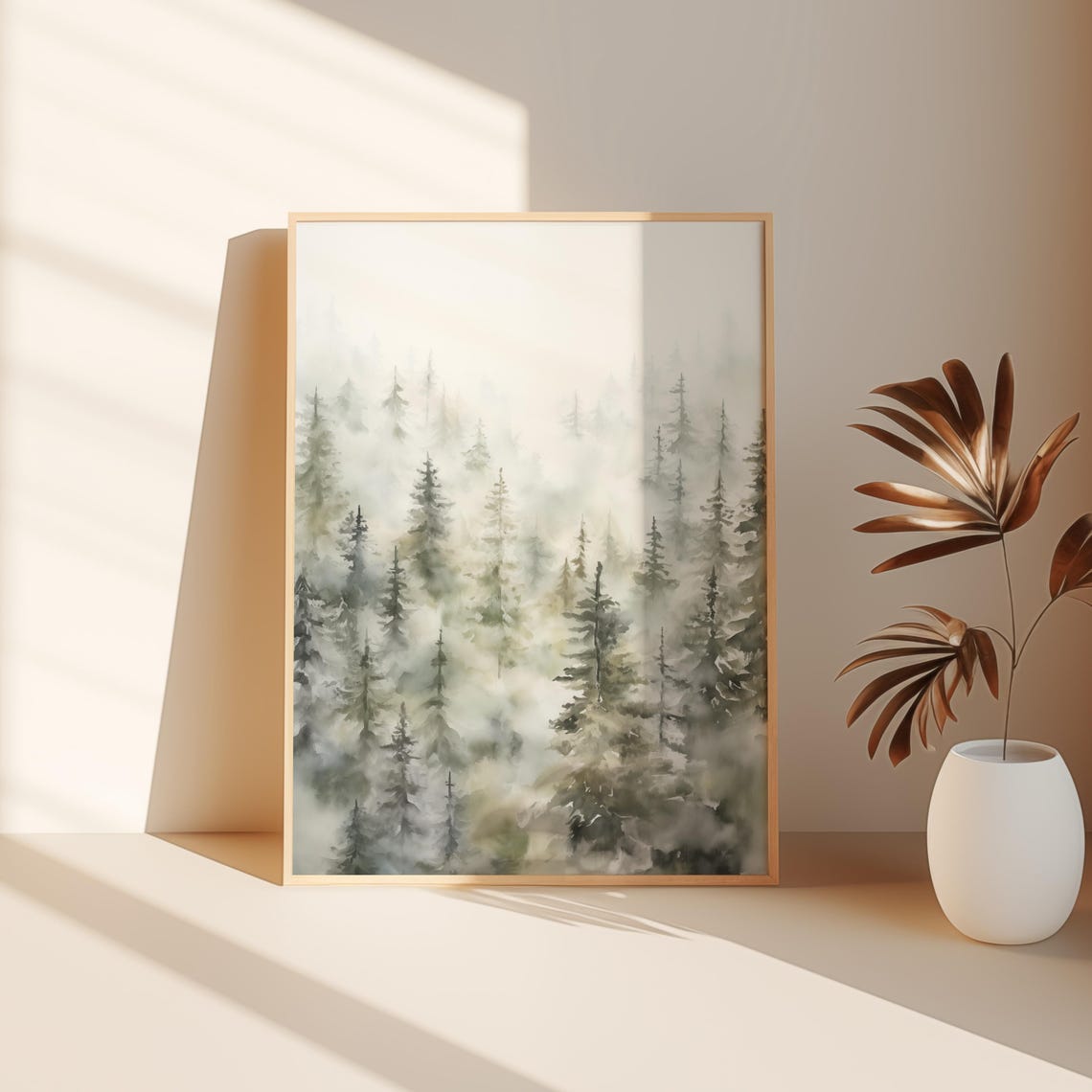 Foggy Pine Forest Hillside Soft Watercolor Winter Nature Poster - Image 3
