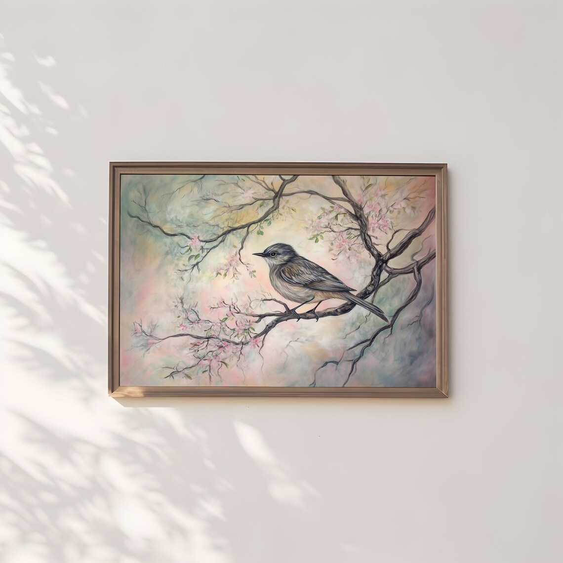 Gray Songbird On Cherry Blossom Branches Soft Pastel Spring Nature Poster - Image 2