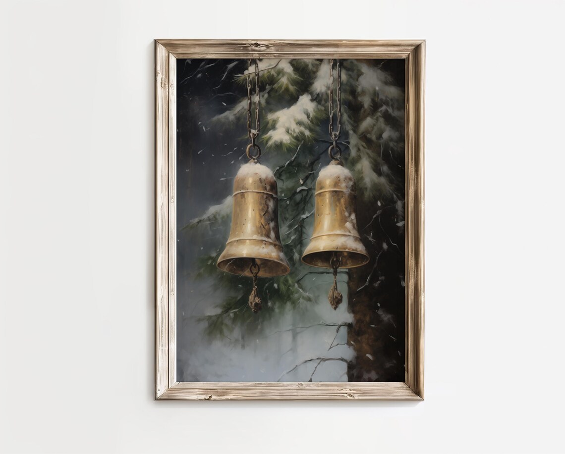 Antique Brass Christmas Bells Snowy Pine Vintage Holiday Poster - Image 2