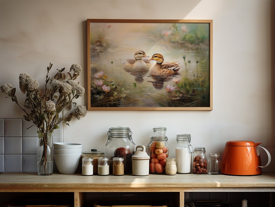 Two Ducks Swimming in a Pond Pink Flowers Cottagecore Art Poster - Image 2