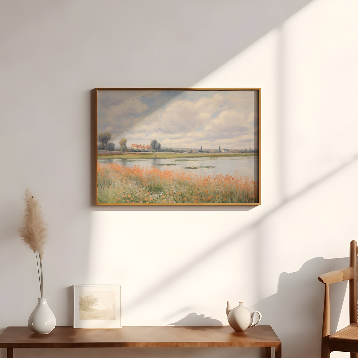 Orange Wildflower Meadow by the Lake Impressionist Village Scene Poster - Image 3