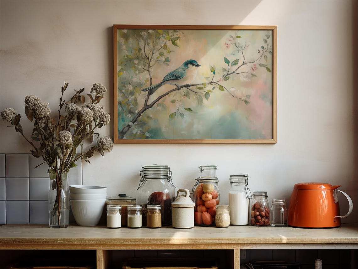 Blue Songbird Perched On Flowering Branch Teal Pastel Spring Poster - Image 2